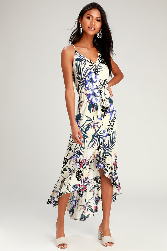 Fun Ivory Tropical Print Dress - High-Low Dress - Midi Dress - Lulus