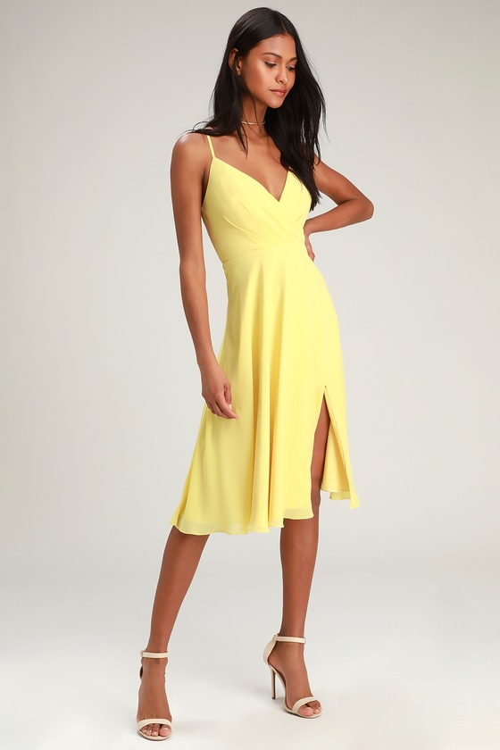 Pretty Yellow Dress - Surplice Midi Dress - Midi Dress - Lulus