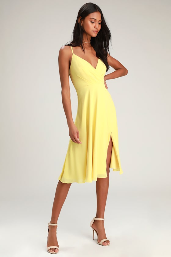 Maribelle Pale Yellow Surplice Midi Dress 2
