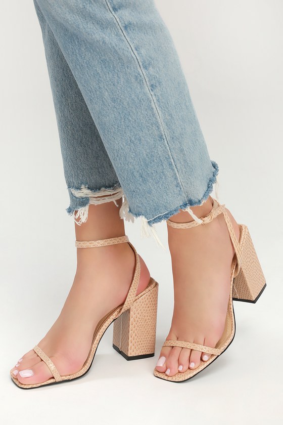 Nude Snake Heels - Square Toe Heels - Snake Ankle Strap Heels