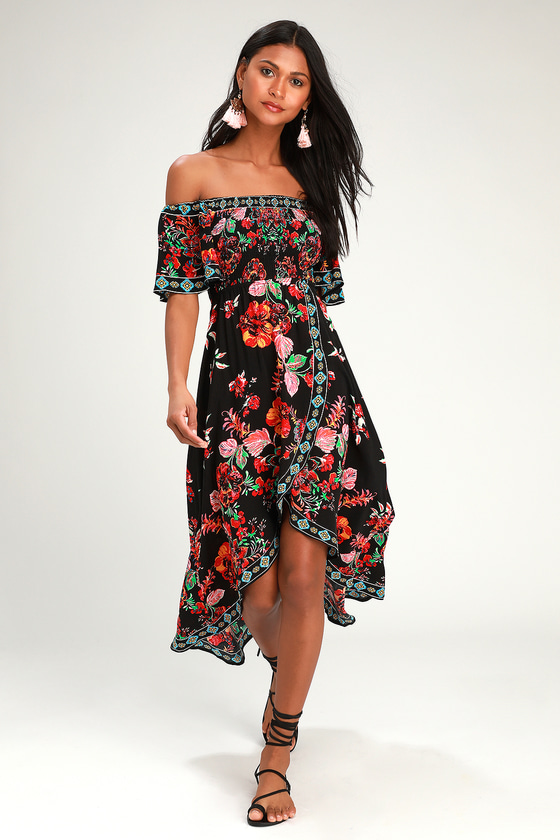 Cute Black High-Low Dress - Floral Print Dress - Smocked Dress - Lulus