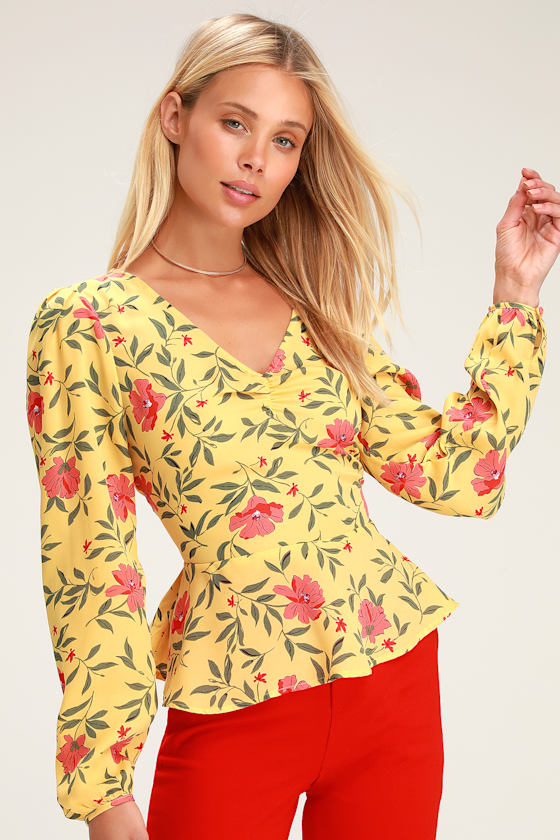 Pretty Yellow Floral Print Top Long Sleeve Top Peplum Top Lulus