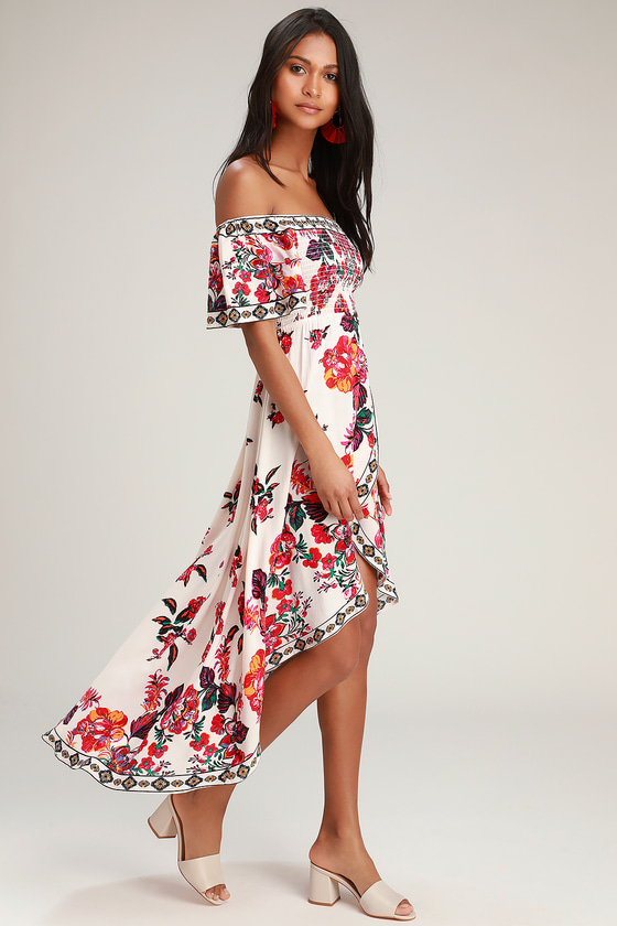 Cute Ivory High-Low Dress - Floral Print Dress - Smocked Dress - Lulus