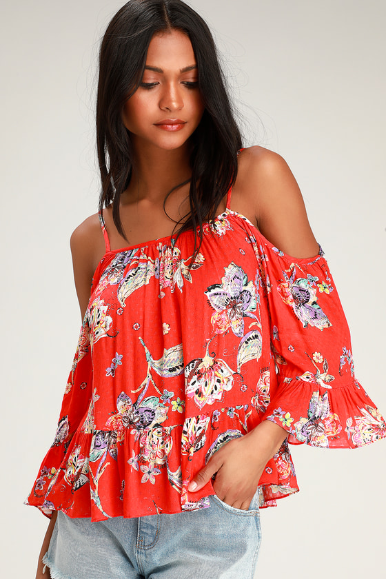 Cute Floral Top - Red Floral Print Top - Cold Shoulder Top - Top - Lulus