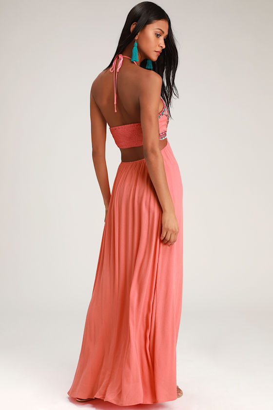 Little Beach Coral Pink Embroidered Maxi Dress 1