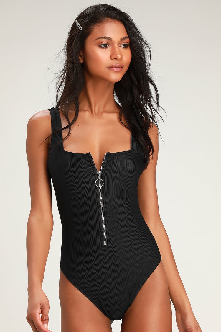 Lounge Life Black Ribbed Zip-Front One Piece Swimsuit