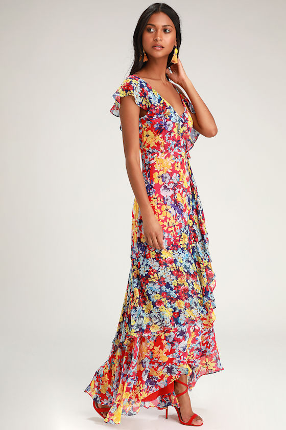 Pretty Red Floral Print Dress Maxi Dress Surplice Maxi Dress Lulus