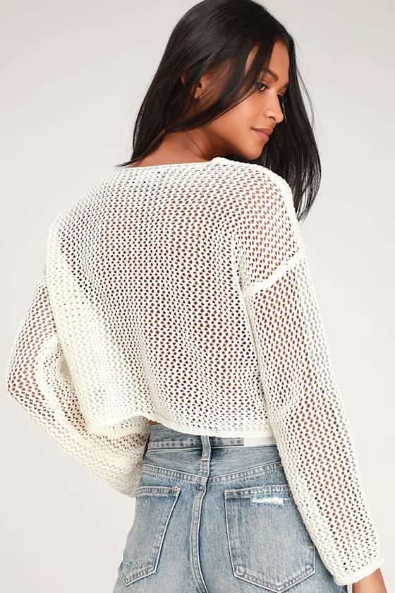 Captivating Calliope White Crochet Long Sleeve Crop Top 5
