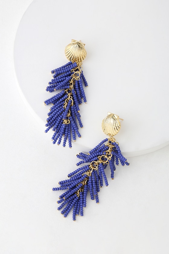 Bermuda Babe Blue and Gold Shell Beaded Earrings 1