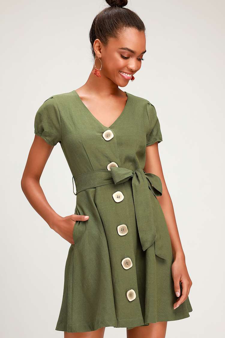 slim fit dress slacks Olive Long Sleeve Belted Pleated Skater Dress – AX Paris US main image 1