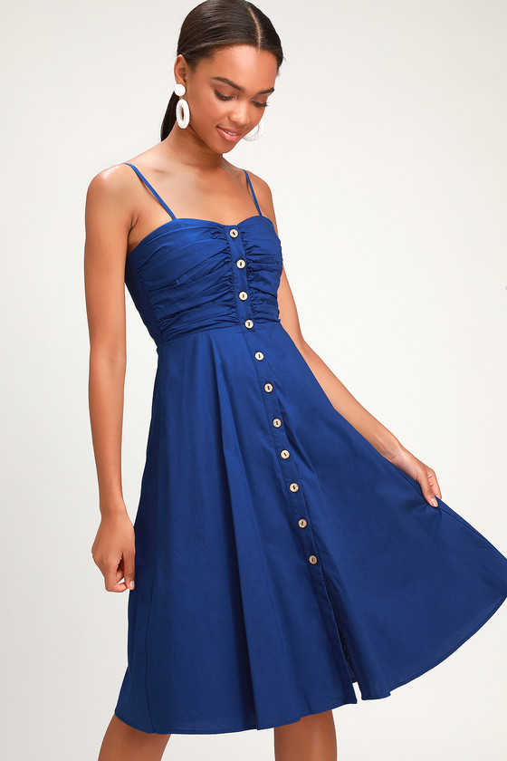 Sweet Treat Royal Blue Button-Up Midi Dress - Lulus Exclusive! There is nothing more adorable than the Lulus Sweet Treat Royal Blue Button-Up Midi Dress! Sturdy, lightweight woven cotton falls from adjustable spaghetti straps, into a sweetheart neckline and ruched bodice with a full wooden button placket. The buttons continue into the fitted waist and flirty skater midi skirt. Smocked back for the perfect fit!