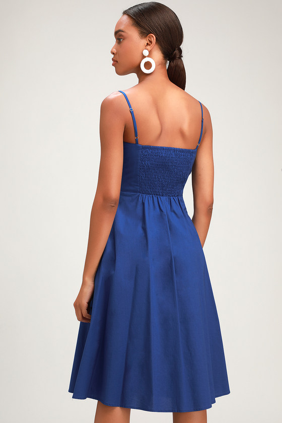 Cute Royal Blue Dress - Midi Dress - Button-Up Midi Dress