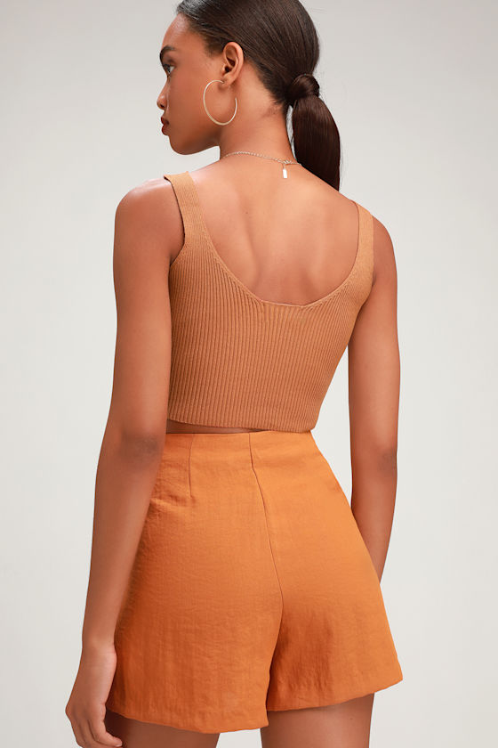 Everette Camel Ribbed Tie-Front Crop Top 4