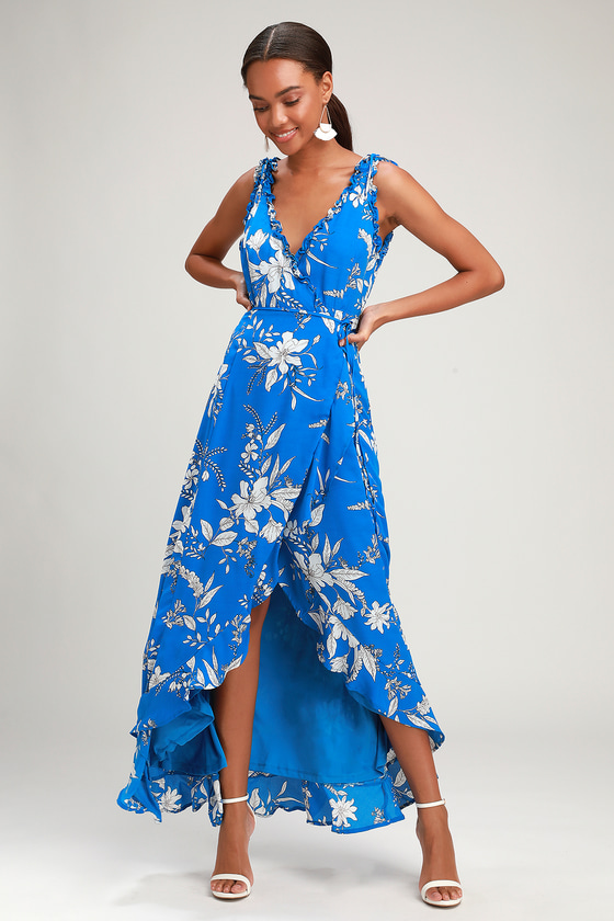 Royal Blue Floral Print Dress - Ruffled Maxi - Wrap Dress - Lulus