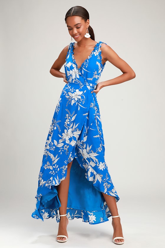 Sun Salutation Royal Blue Floral Print Ruffled Wrap Maxi Dress 1