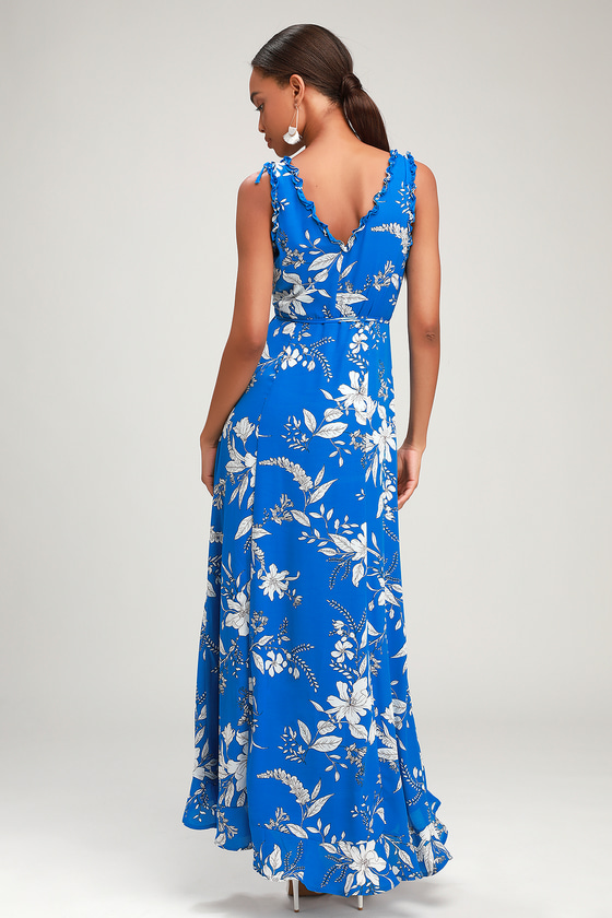 Royal Blue Floral Print Dress - Ruffled Maxi - Wrap Dress