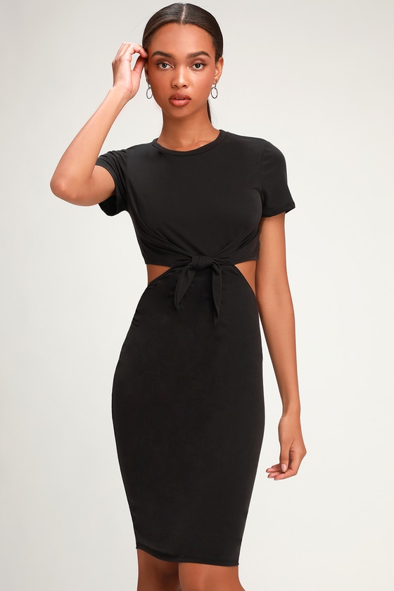 Cute Washed Black Dress - Cutout Dress - Tie-Front Midi Dress - Lulus