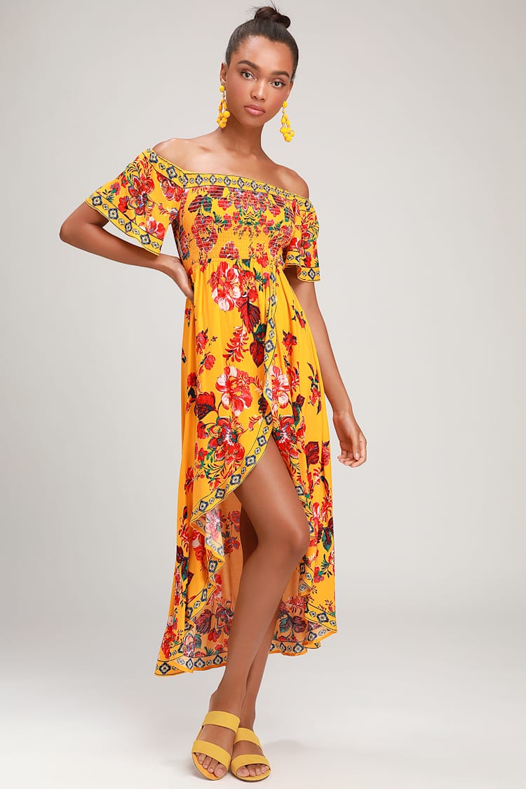 Cute Yellow High-Low Dress - Floral Print Dress - Smocked Dress