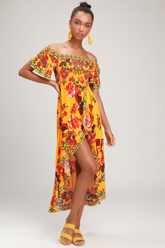 Cute Yellow High-Low Dress - Floral Print Dress - Smocked Dress - Lulus