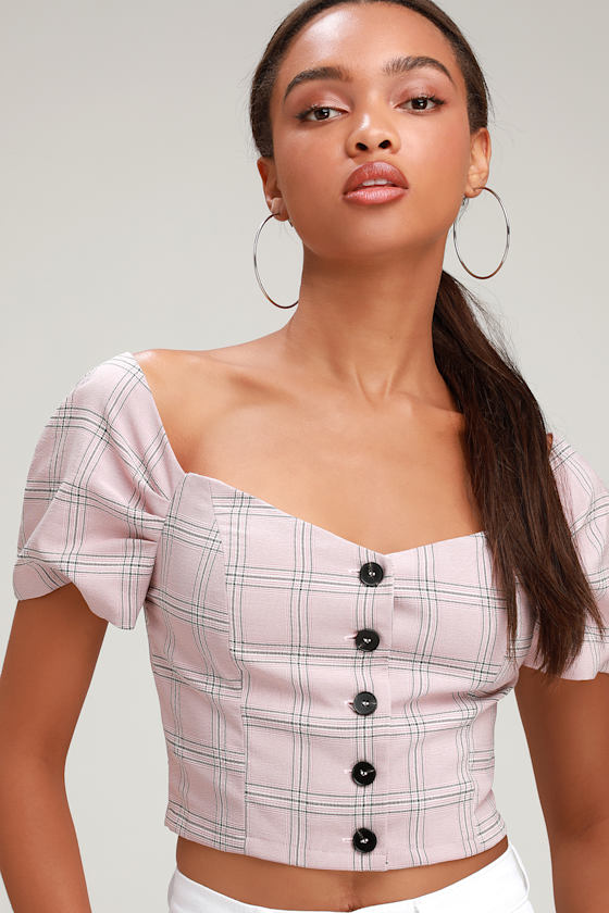 Baxter Blush Pink Plaid Off-the-Shoulder Crop Top 2