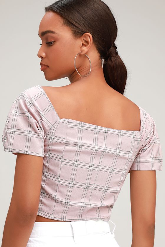 Baxter Blush Pink Plaid Off-the-Shoulder Crop Top 5