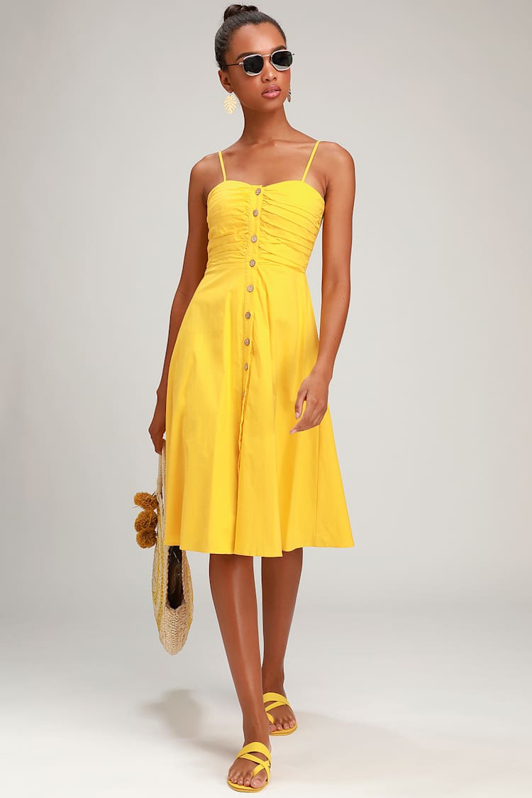 slim fit dress slacks LARA Fluted Sleeve Micro Shell Button Mini Dress in Yellow main image 1