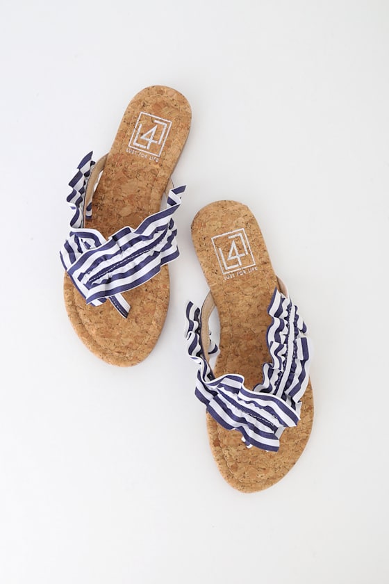 blue and white striped flip flops