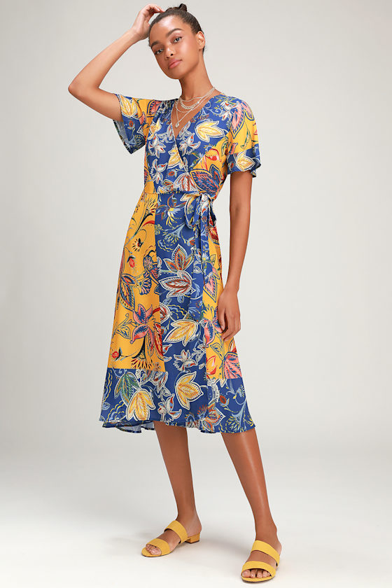 Boho Blue and Yellow Print Dress Wrap Dress Midi Dress Lulus