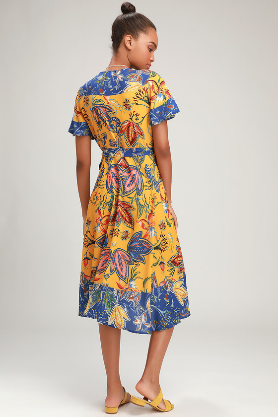 Boho Blue and Yellow Print Dress - Wrap Dress - Midi Dress - Lulus