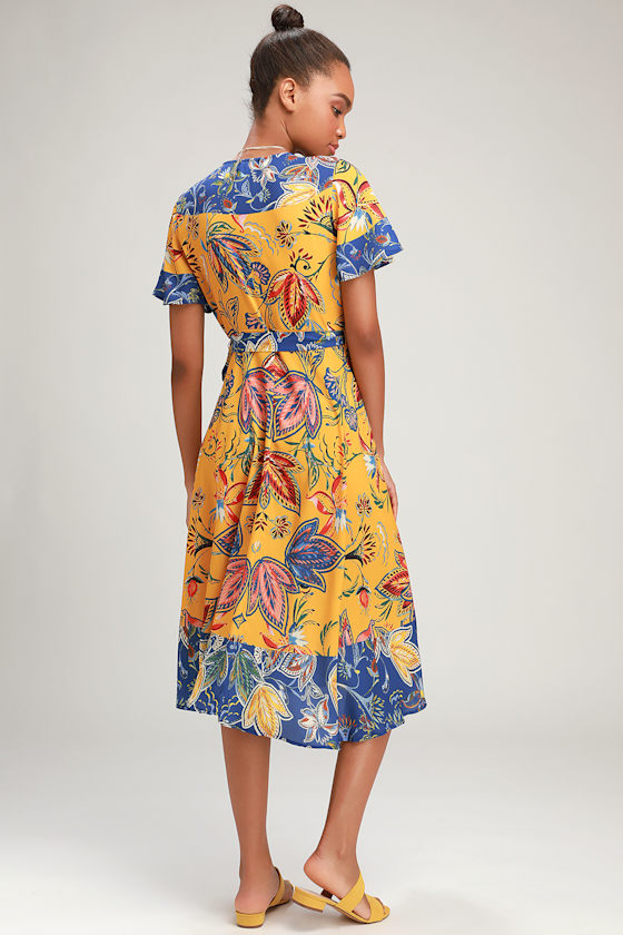 Boho Blue and Yellow Print Dress Wrap Dress Midi Dress Lulus