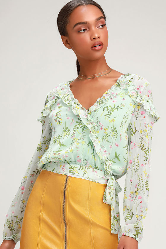 Bambi Mint Floral Print Cropped Wrap Top 2