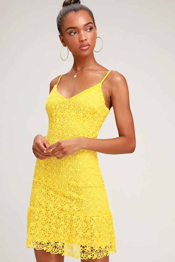 Call for a Toast Bright Yellow Lace Ruffled Mini Dress 3
