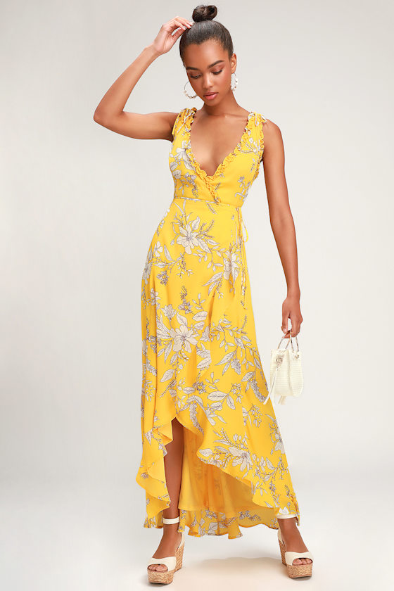 Lovely Yellow Floral Print Dress - Ruffled Maxi - Wrap Dress - Lulus