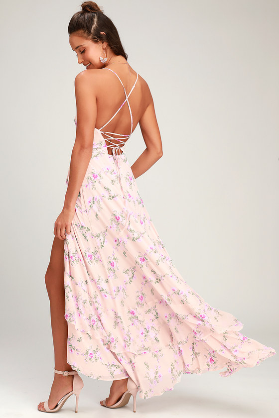 In Love Forever Blush Floral Lace-Up High-Low Maxi Dress