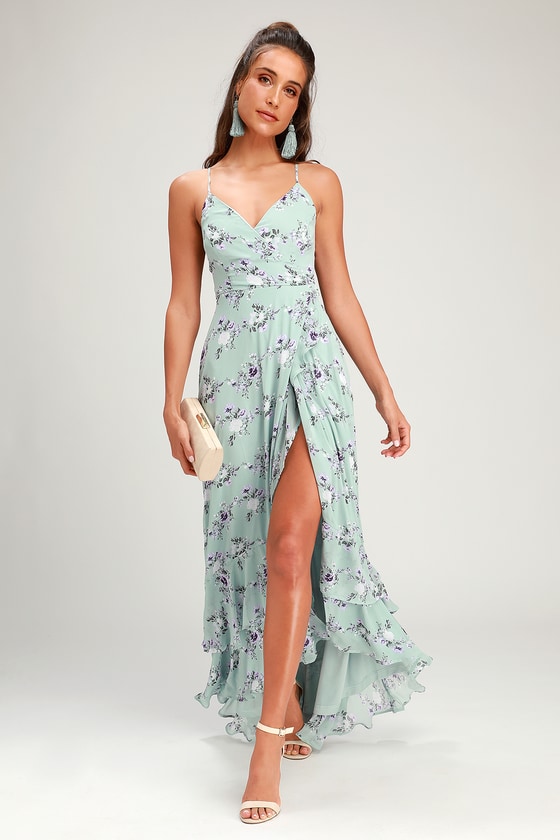 In Love Forever Sage Green Floral Lace-Up High-Low Maxi Dress