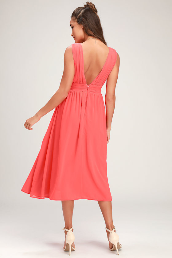 Pretty Pink Dress Coral Pink Midi Dress Plunging Vneck Dress
