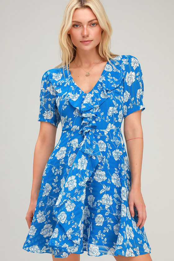 Cute Blue Floral Print Dress - Floral Mini Dress - Ruffled Dress - Lulus