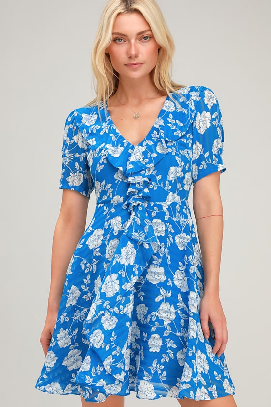 Cute Blue Floral Print Dress - Floral Mini Dress - Ruffled Dress - Lulus