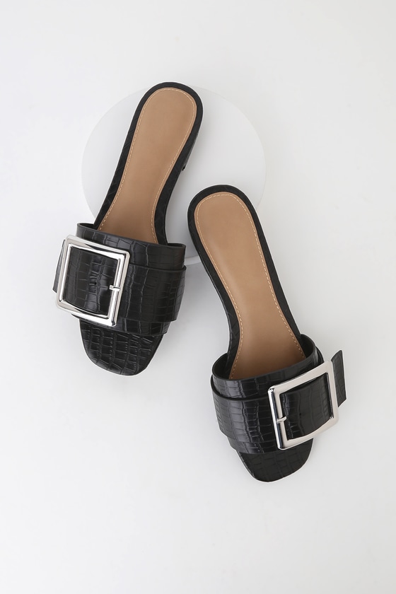 Cute Black Slide Sandals - Buckle Sandals - Slide-On Sandals