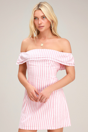 pink striped off the shoulder dress Striped Off the Shoulder Midi -cream pink
