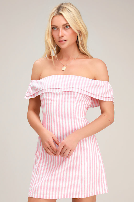 Lovely Blush Pink Striped Dress OfftheShoulder Mini Dress Lulus