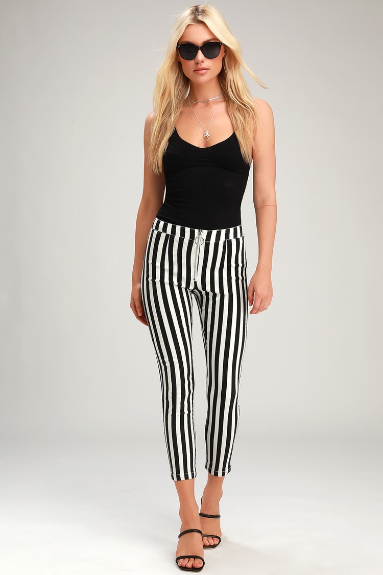 and White Jeans - Striped Jeans - Zip-Front Jeans -
