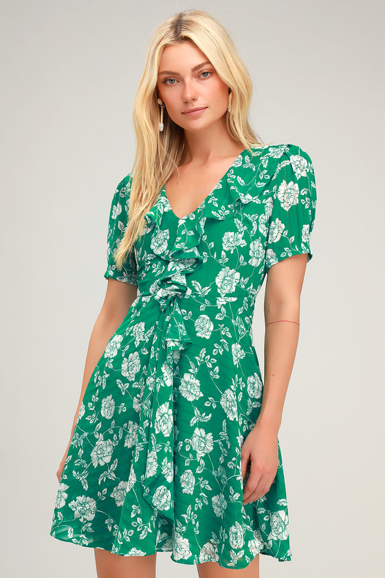 Ximena Green Floral Print Ruffled Short Sleeve Mini Dress