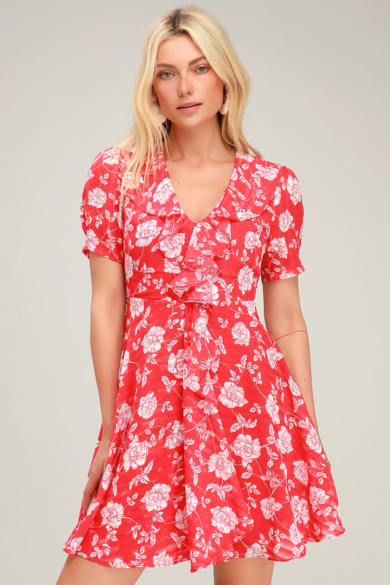 Ximena Coral Red Floral Print Ruffled Short Sleeve Mini Dress