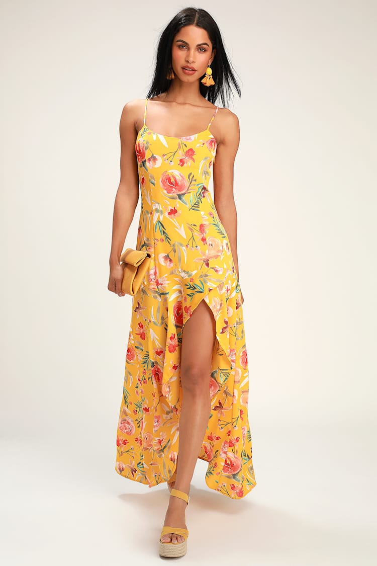 mustard yellow high low dress Darling Daylily Mustard Yellow Floral Print High-Low Maxi Dress