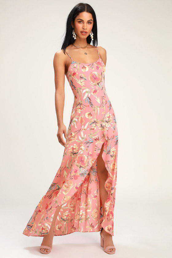 Lovely Blush Pink Floral Print Dress - High-Low Maxi Dress - Lulus
