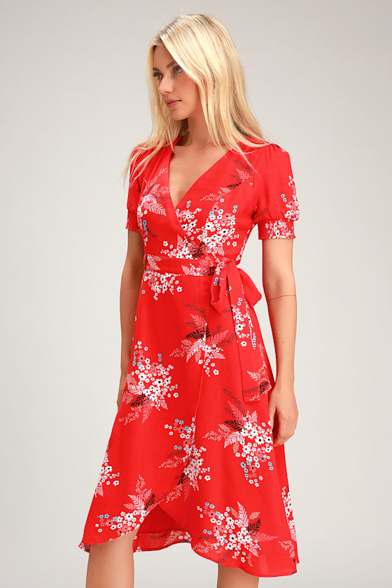 topshop wrap mini dress in red floral print
