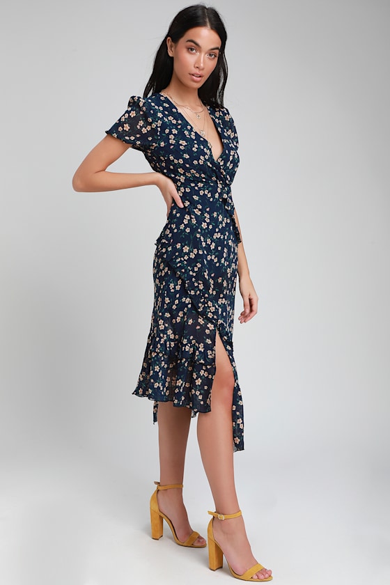 Petals and Poetry Navy Blue Floral Print Ruffled Midi Dress 2