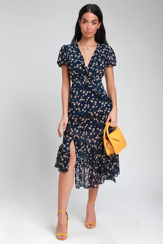 Petals and Poetry Navy Blue Floral Print Ruffled Midi Dress 4