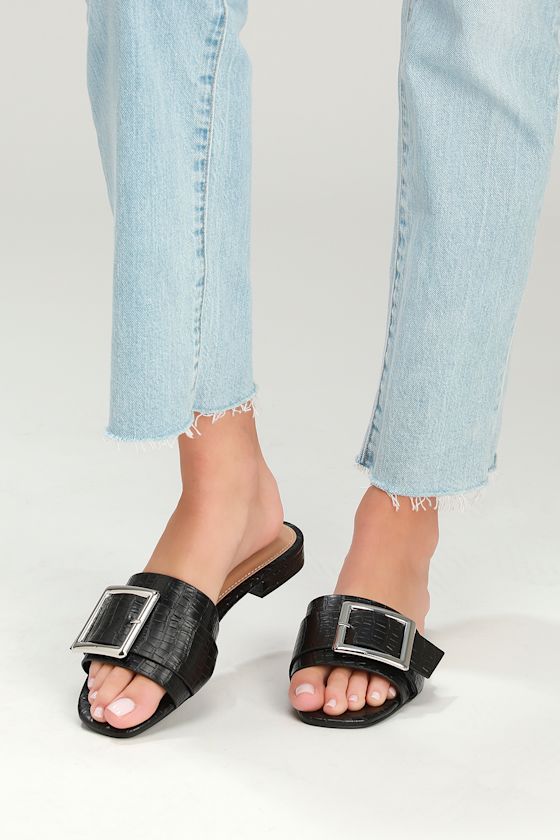 Cute Black Slide Sandals Buckle Sandals SlideOn Sandals Lulus